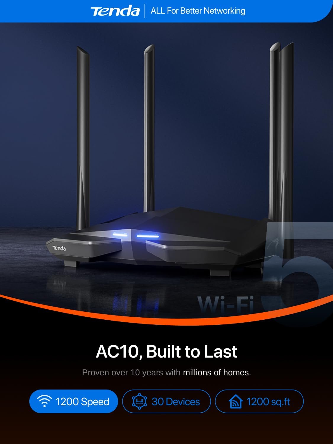 Tenda AC10 AC1200 Wireless Smart Dual-Band Gigabit WiFi Router, MU-MIMO, 4 Gigabit Ports, 867Mbps/5 GHz+ 300Mbps /2.4GHz, Support VPN Server, WiFi Schedule, (Black, Not a Modem)