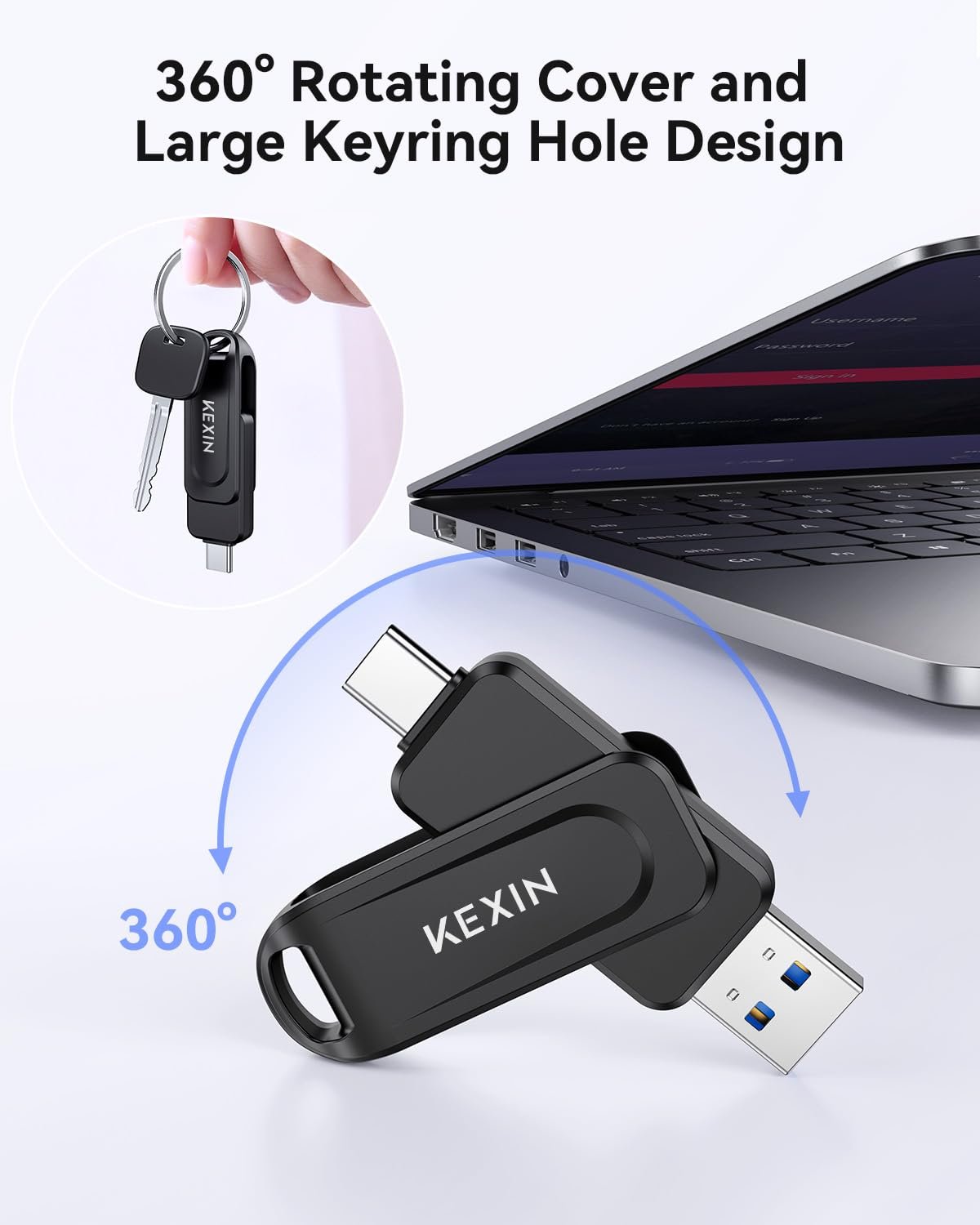 KEXIN Dual 64GB USB 3.0 Pen Drive Flash Drive 100MB/s Swivel USB-A & Type-C Memory Stick for Smartphone Tablet iPhone 15/16 Car Game Console, Black