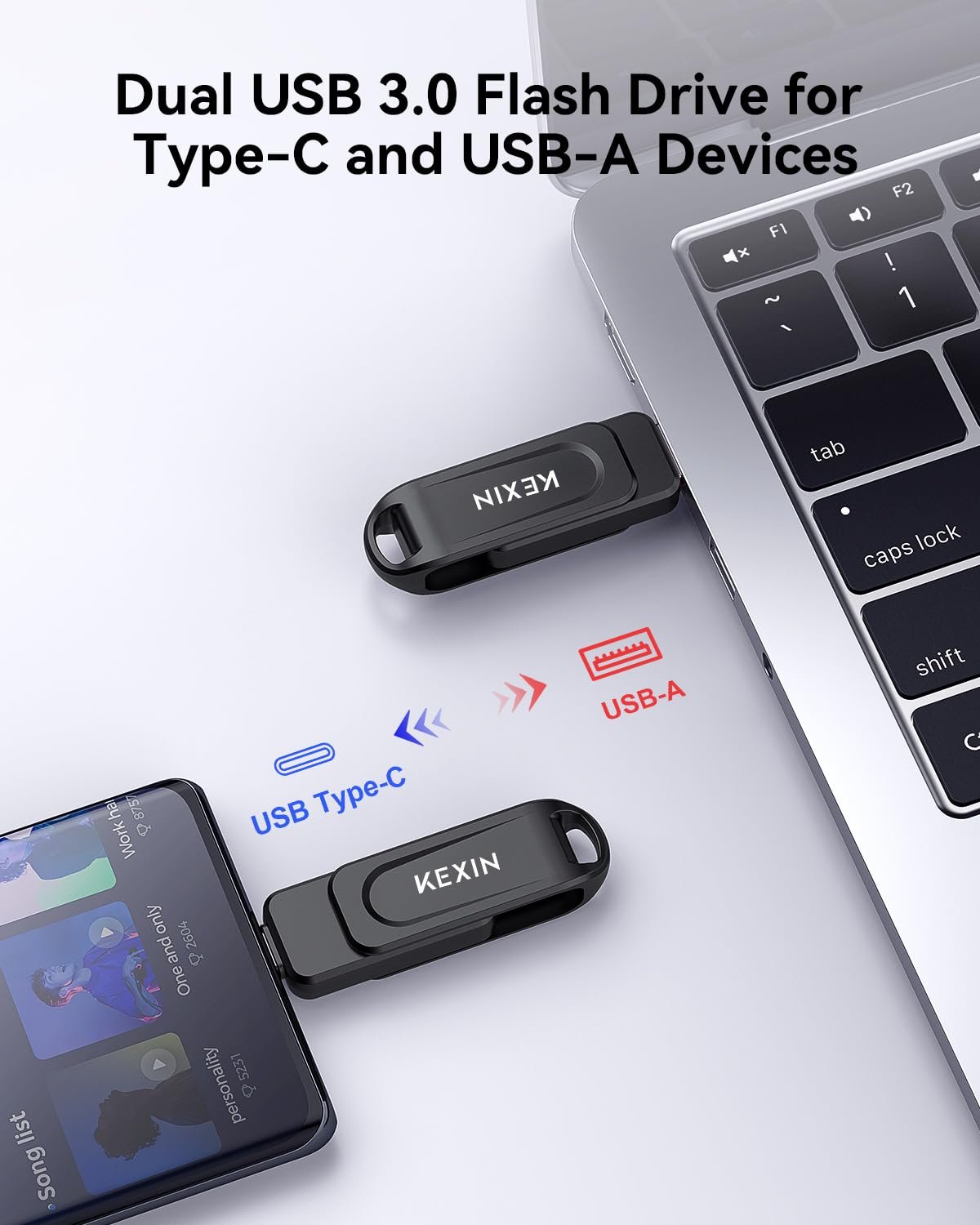 KEXIN Dual 64GB USB 3.0 Pen Drive Flash Drive 100MB/s Swivel USB-A & Type-C Memory Stick for Smartphone Tablet iPhone 15/16 Car Game Console, Black