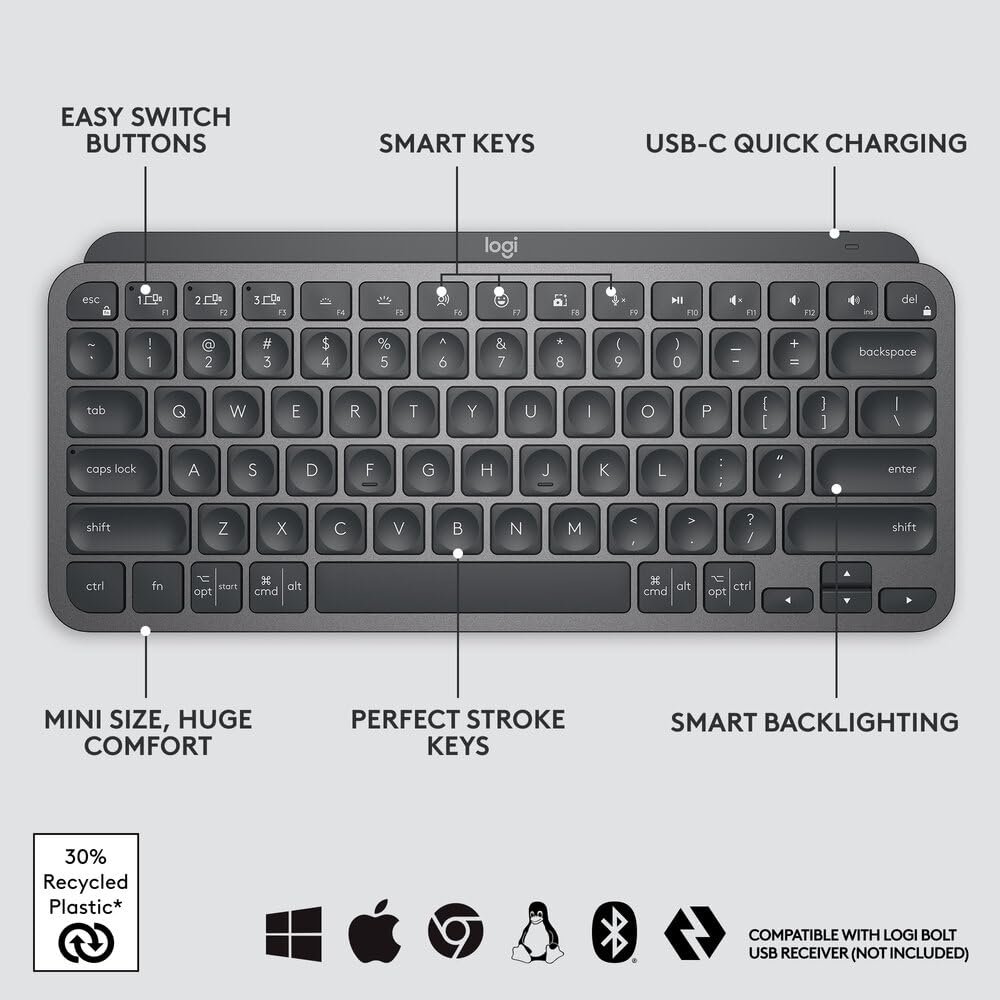 Logitech MX Keys Mini Minimalist Wireless Illuminated Keyboard with Free Adobe Subscription, Compact, Bluetooth, Backlit, USB-C, Metal Build-Graphite