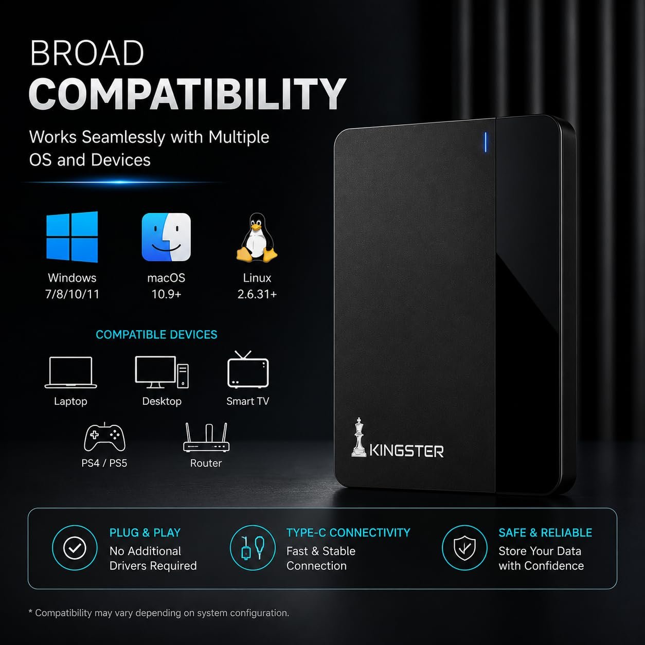KINGSTER 500GB External Hard Drive – USB 3.0 Portable HDD | Ultra Slim, Plug & Play | Fast Data Transfer | Backup Storage for Laptop, PC, Mac (Black)