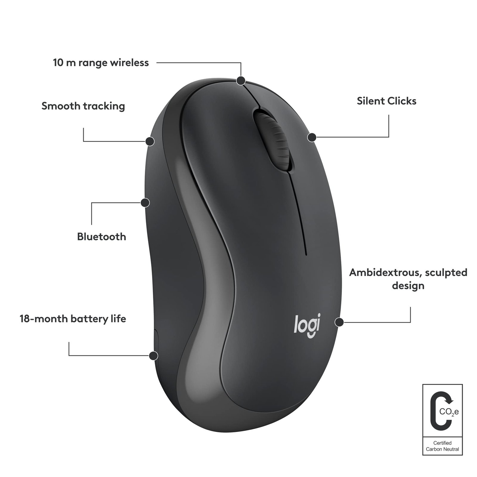 Logitech M240 Silent Bluetooth Mouse, Compact, Portable, Smooth Tracking, 18-Month Battery, for Windows, macOS, ChromeOS, Compatible with PC, Mac, Laptop, Tablets - Graphite