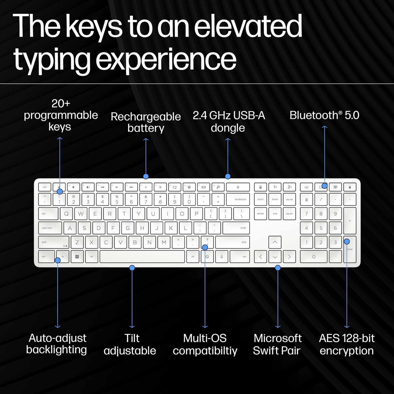 HP 970 Creator Keyboard, Wireless and Multi-Device with 20 programmable Shortcut Keys, Backlit with sensors, up to 6 Month Battery, AES encrypted, 1yr Warranty, 0.67 kg, Silver