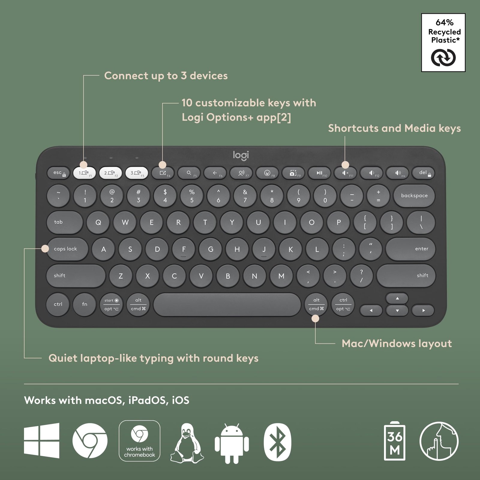 Logitech Pebble Keys 2 K380s, Multi-Device Bluetooth Wireless Keyboard with Customisable Shortcuts, Slim and Portable, Easy-Switch for Windows, macOS, iPadOS, Android, Chrome OS - Tonal Graphite