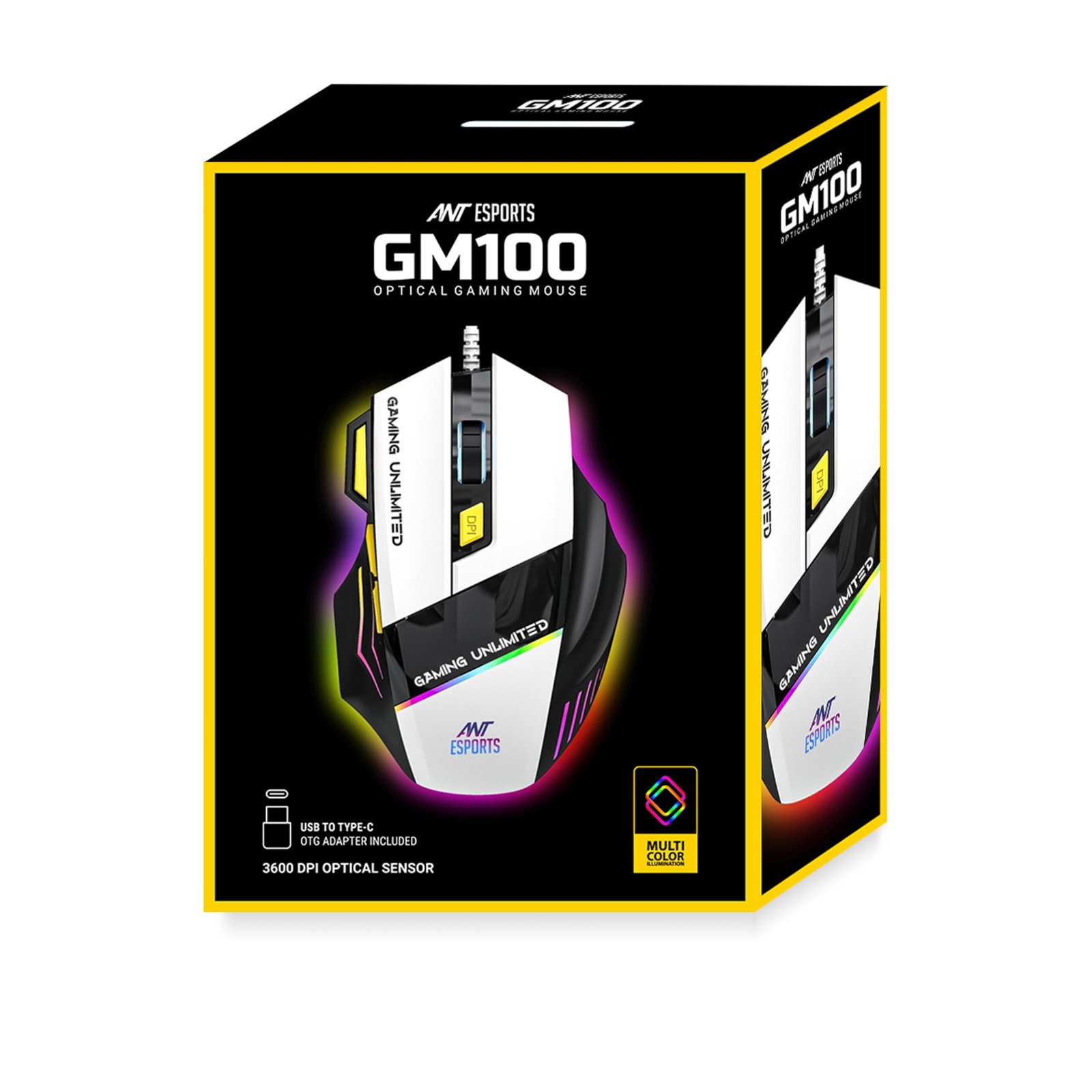 Ant Esports GM100 V2 Optical Gaming Mouse,7 Button Wired USB Mouse, 4000 FPS Sensor, 3600 DPI, RGB Lighting,1.5m PVC Cable, Ergonomic Design, for Windows PC, Laptop,Gaming & Office Use- Black & White