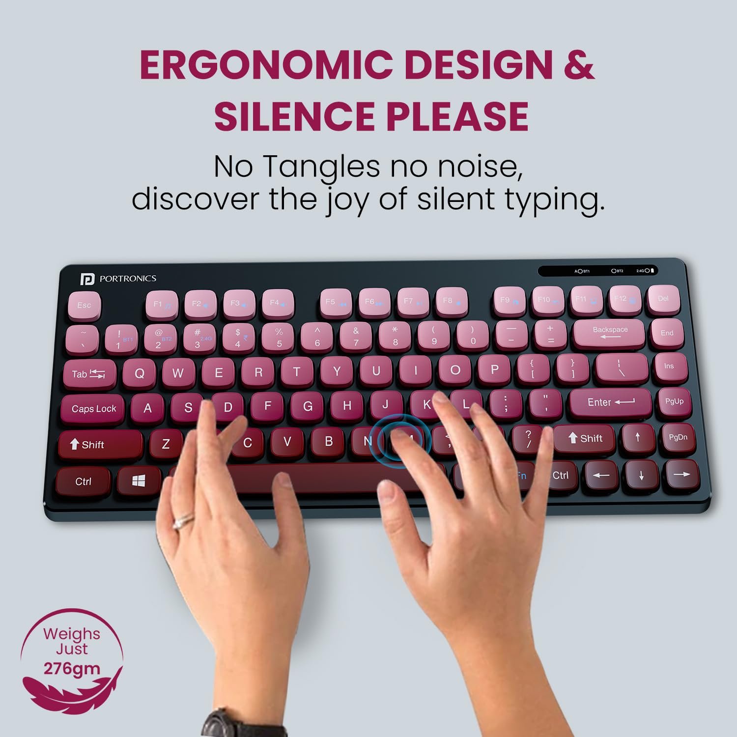 Portronics Bubble Multimedia Wireless Keyboard 2.4 GHz & Bluetooth 5.0 Connectivity, Noiseless Experience, Compact Size for iOS iPad Air, Pro, Mini, Android, Windows Tablets PC Smartphone(Purple)
