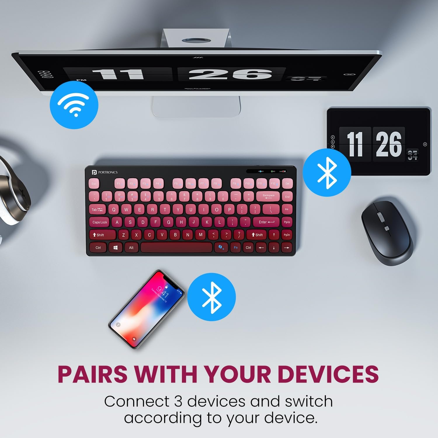 Portronics Bubble Multimedia Wireless Keyboard 2.4 GHz & Bluetooth 5.0 Connectivity, Noiseless Experience, Compact Size for iOS iPad Air, Pro, Mini, Android, Windows Tablets PC Smartphone(Purple)