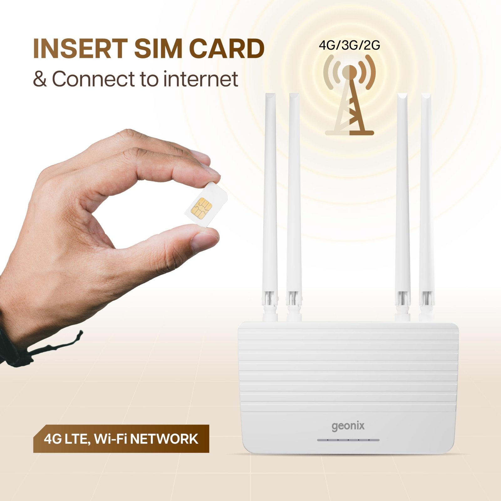 GEONIX Wireless Single_Band Router 4G Mobile Sim Based Router with 4 Antenna, Plug and Play, Wide Coverage Range, Wi Fi Range Upto 150 Meteres, Hassle Free Installation with Ethernet Port (White)
