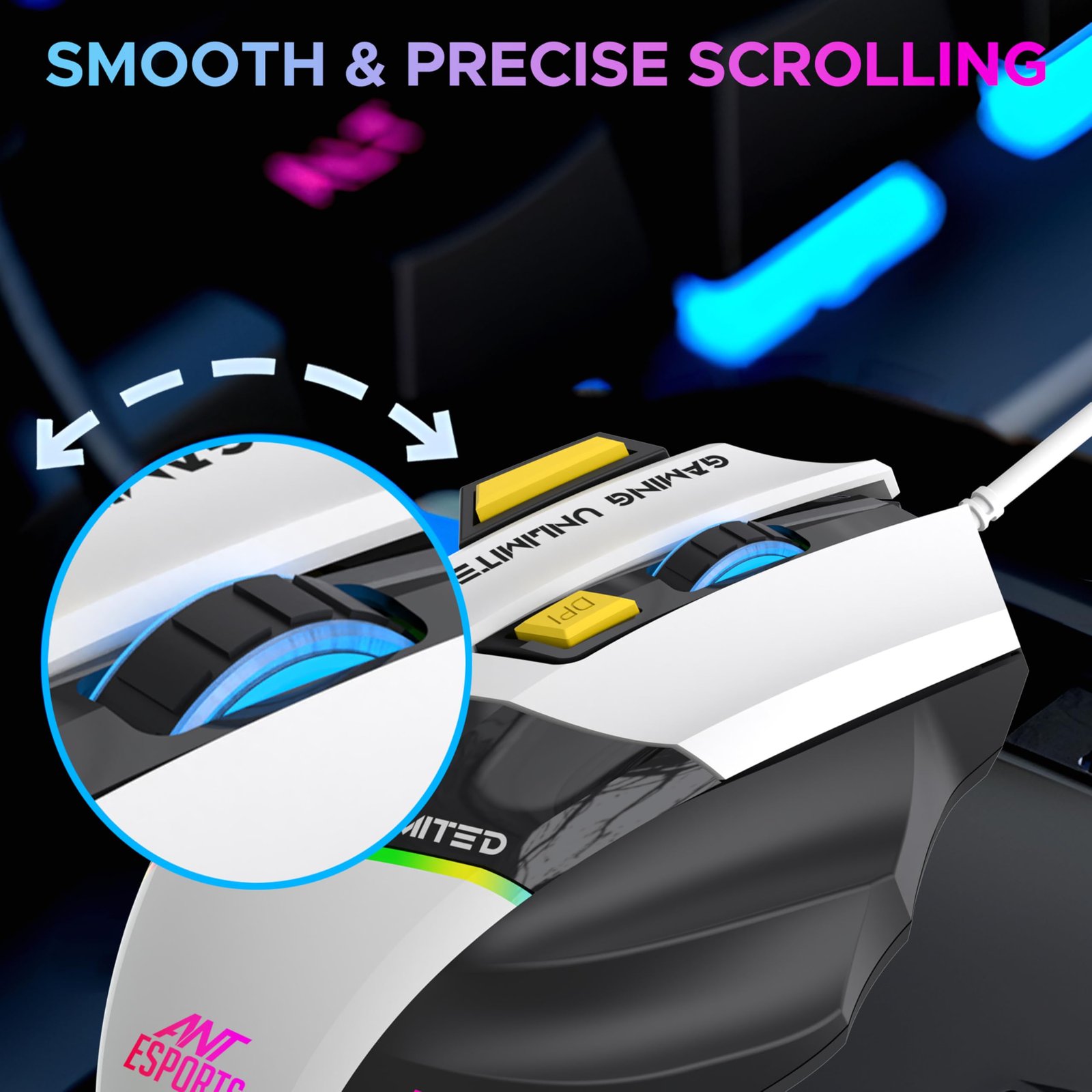 Ant Esports GM100 V2 Optical Gaming Mouse,7 Button Wired USB Mouse, 4000 FPS Sensor, 3600 DPI, RGB Lighting,1.5m PVC Cable, Ergonomic Design, for Windows PC, Laptop,Gaming & Office Use- Black & White
