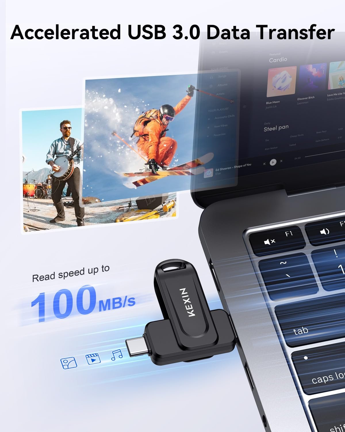 KEXIN Dual 64GB USB 3.0 Pen Drive Flash Drive 100MB/s Swivel USB-A & Type-C Memory Stick for Smartphone Tablet iPhone 15/16 Car Game Console, Black