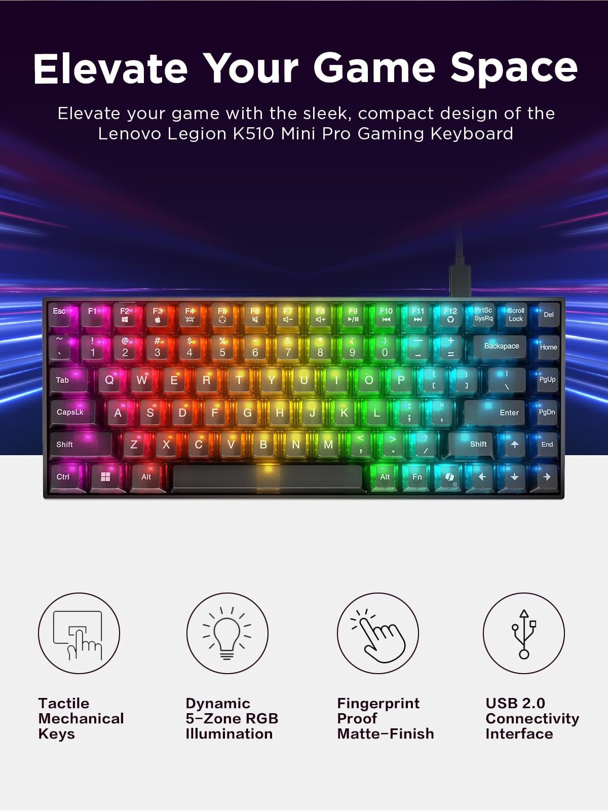 Lenovo Legion K510 Mini Pro Wired Mechanical Gaming Keyboard - 75% Compact Design, RGB Illumination, Hot-Swappable Mechanical Switches, Programable Keys