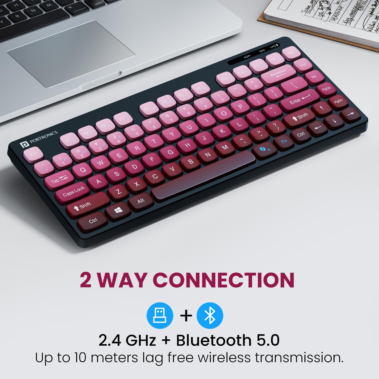 Portronics Bubble Multimedia Wireless Keyboard 2.4 GHz & Bluetooth 5.0 Connectivity, Noiseless Experience, Compact Size for iOS iPad Air, Pro, Mini, Android, Windows Tablets PC Smartphone(Purple)
