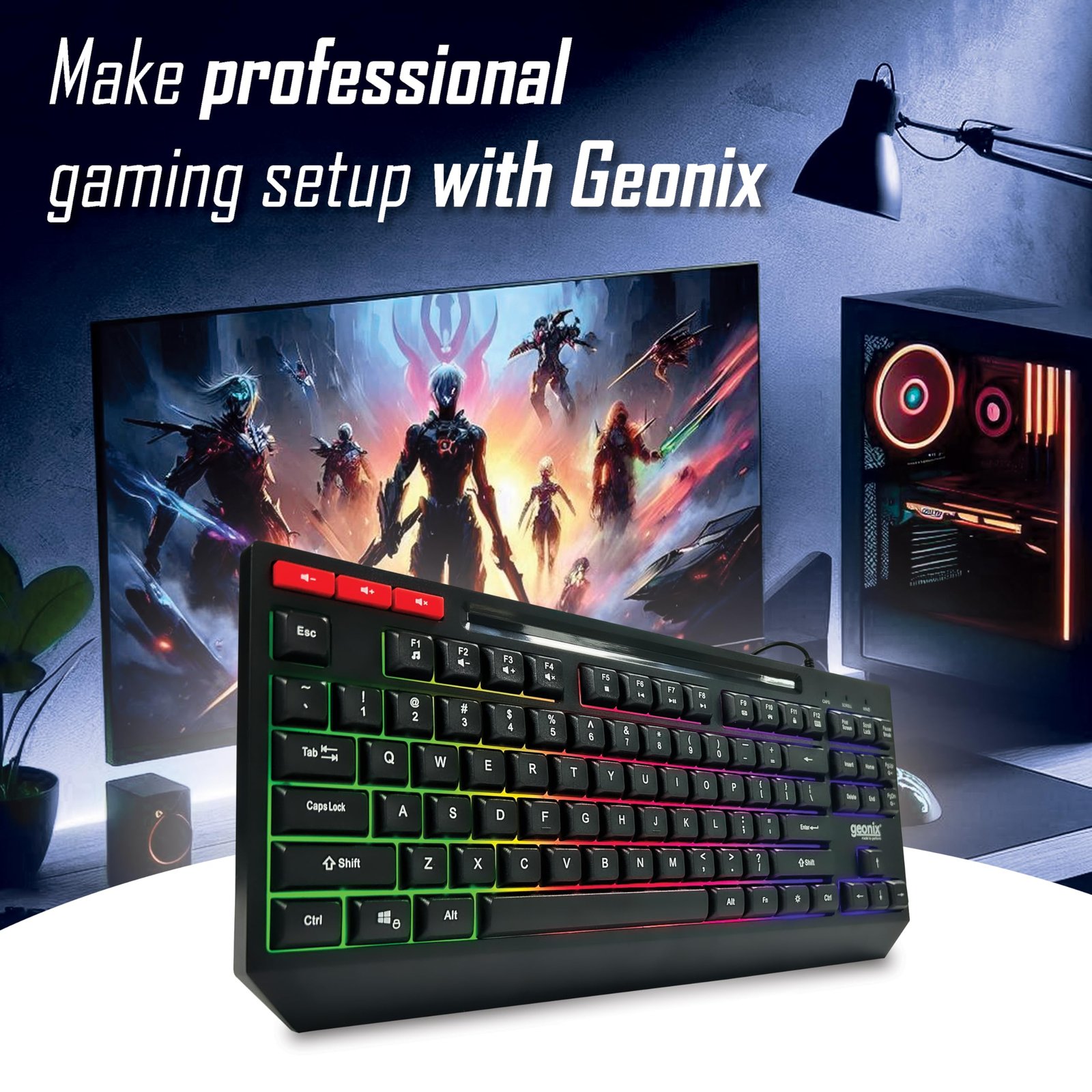 GEONIX Cruiser K2 Multi Function Gaming Keyboard with 90 Keys Including 3 Dedicated Multimedia Keys, Rainbow Backlight, Spill Resistant, PVC Cable, Durable Body (Black)