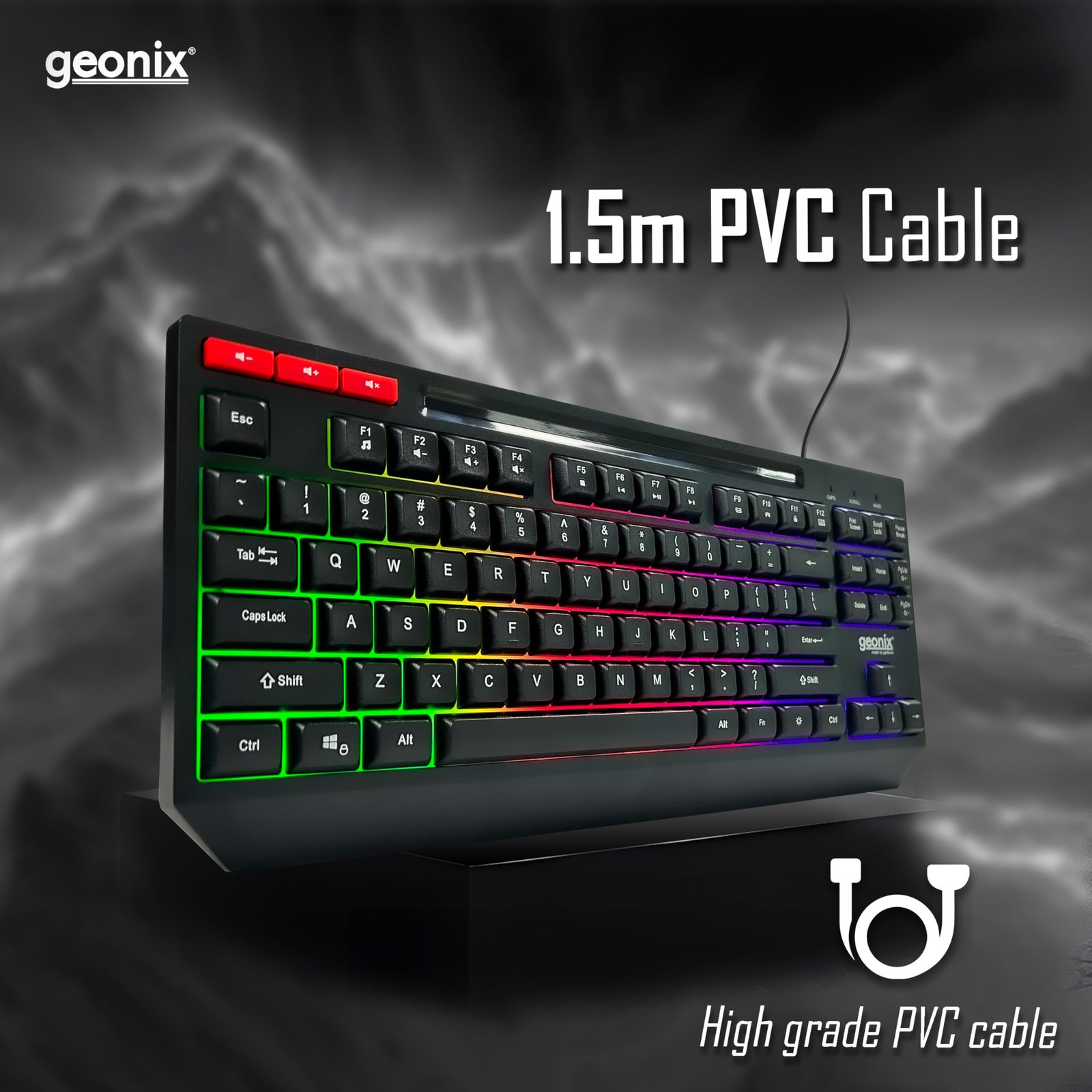 GEONIX Cruiser K2 Multi Function Gaming Keyboard with 90 Keys Including 3 Dedicated Multimedia Keys, Rainbow Backlight, Spill Resistant, PVC Cable, Durable Body (Black)