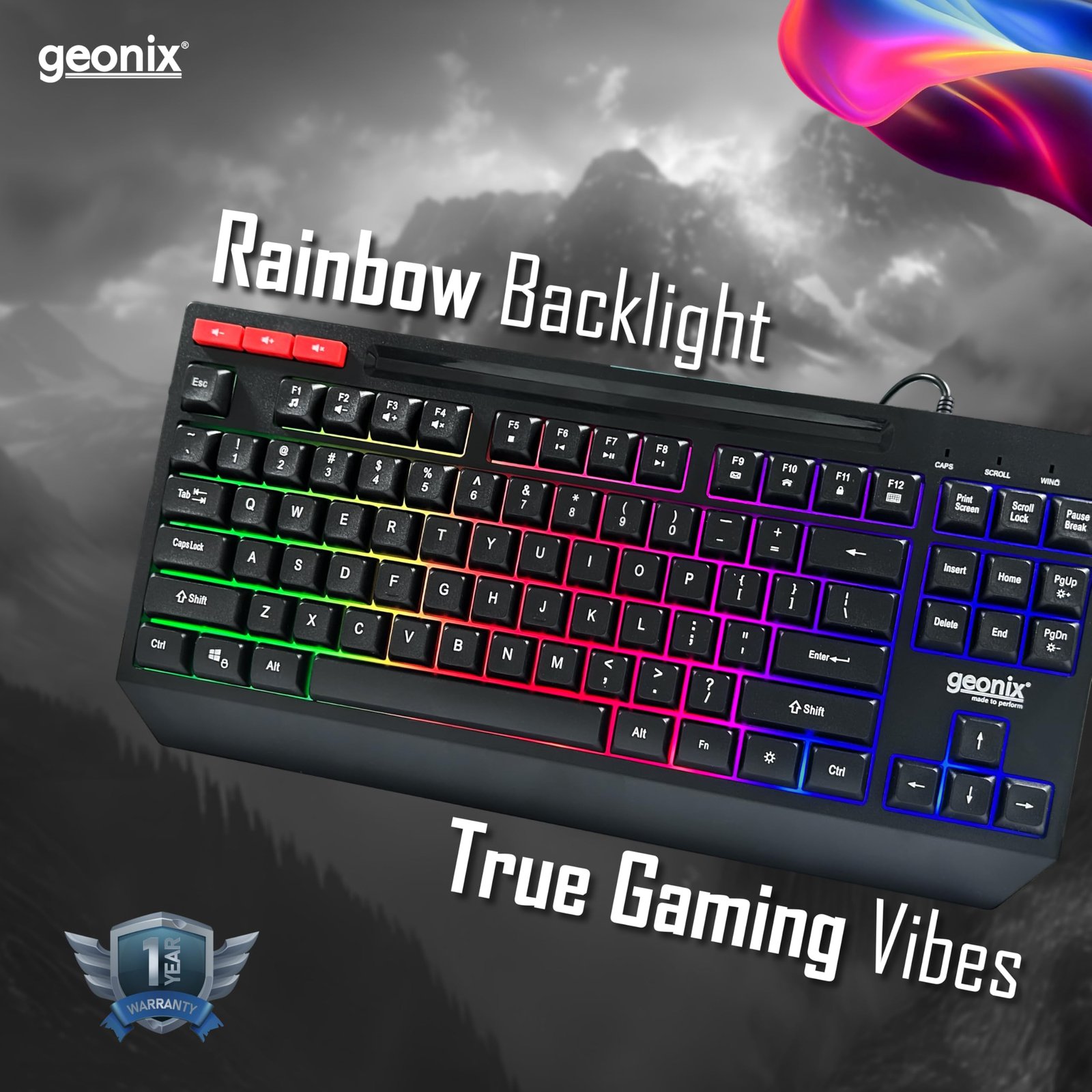 GEONIX Cruiser K2 Multi Function Gaming Keyboard with 90 Keys Including 3 Dedicated Multimedia Keys, Rainbow Backlight, Spill Resistant, PVC Cable, Durable Body (Black)